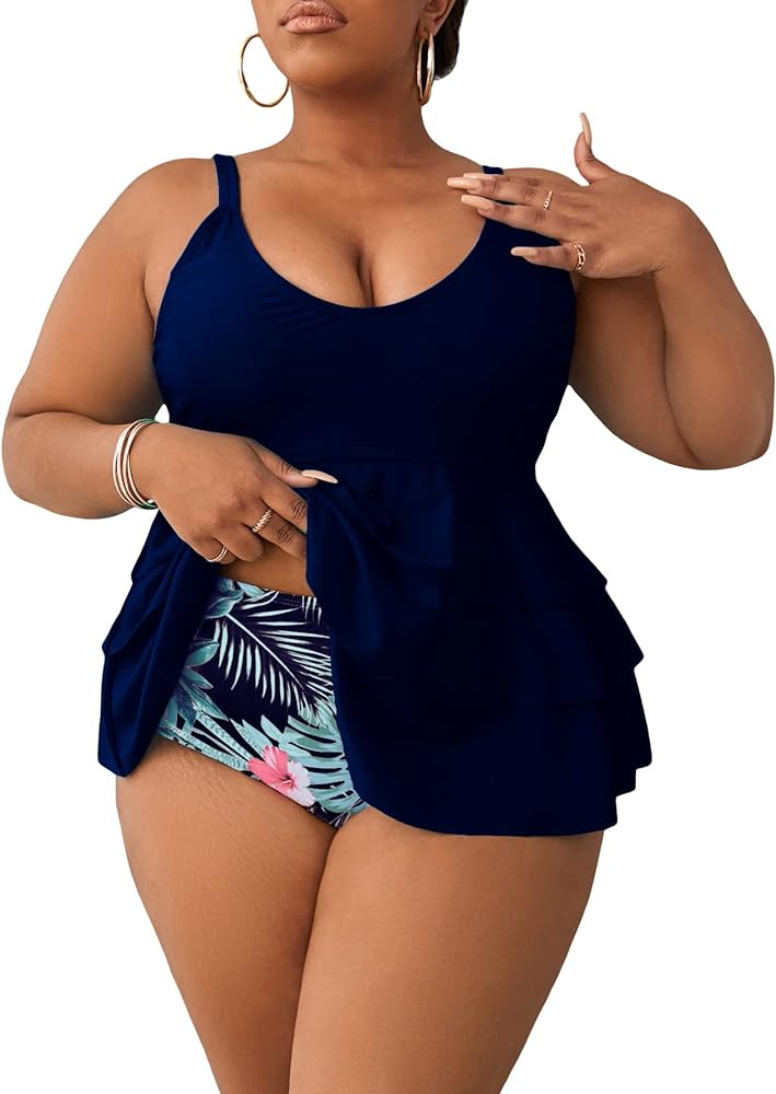 MakeMeChic Women's Plus Size Tankini Swimsuit Layered Swim Top with Tropical High Waisted Bikini Bottom 2 Piece Bathing Suits