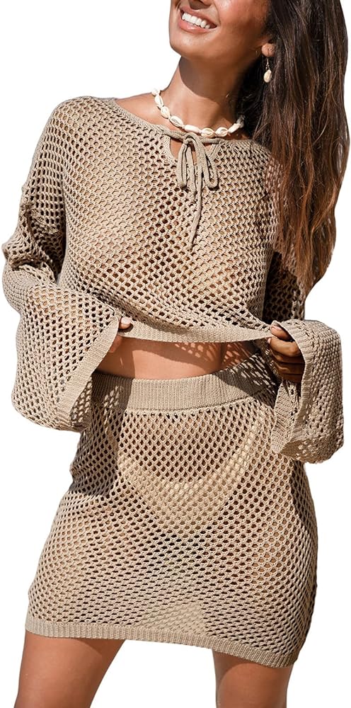 CUPSHE Women's Crochet Cover Ups Set Long Sleeve Hollow Out Top Mini Mesh Skirt 2 Piece Beach Coverup