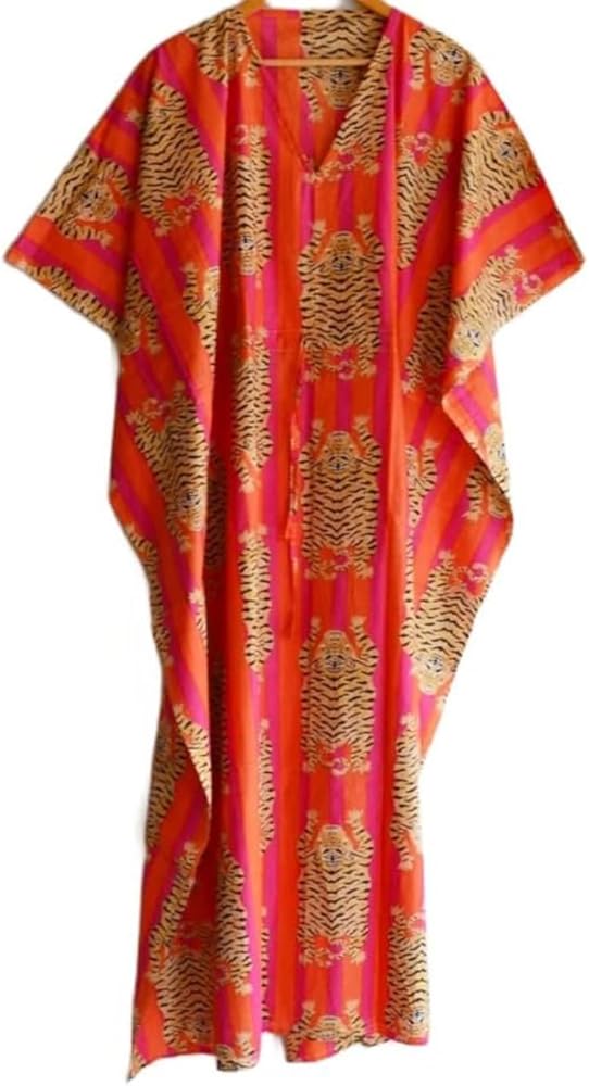 Tiger Hand Block Print Cotton Kaftan Beach Wear Dress, Long Sleepwear Maxi Dress Kimono Robe, Multi, Free Size