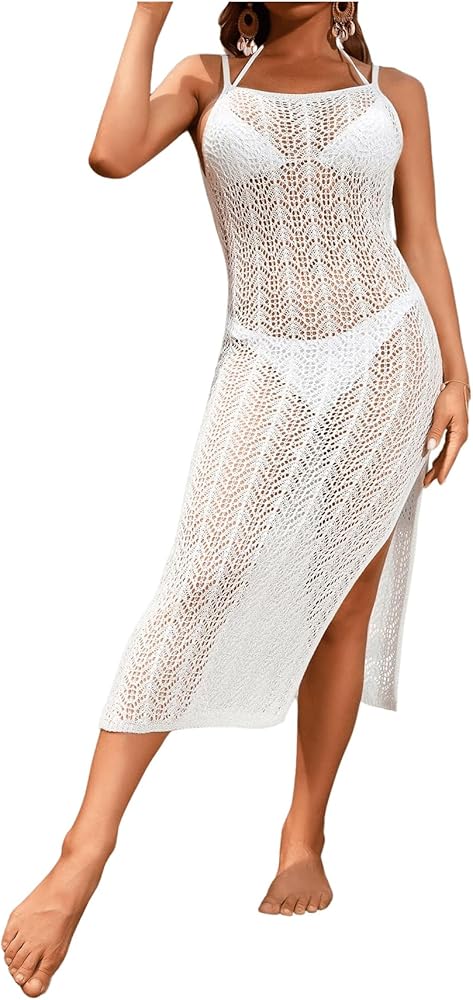 Floerns Women's Hollow Out Beachwear Backless Slit Hem Cover Up Dresses