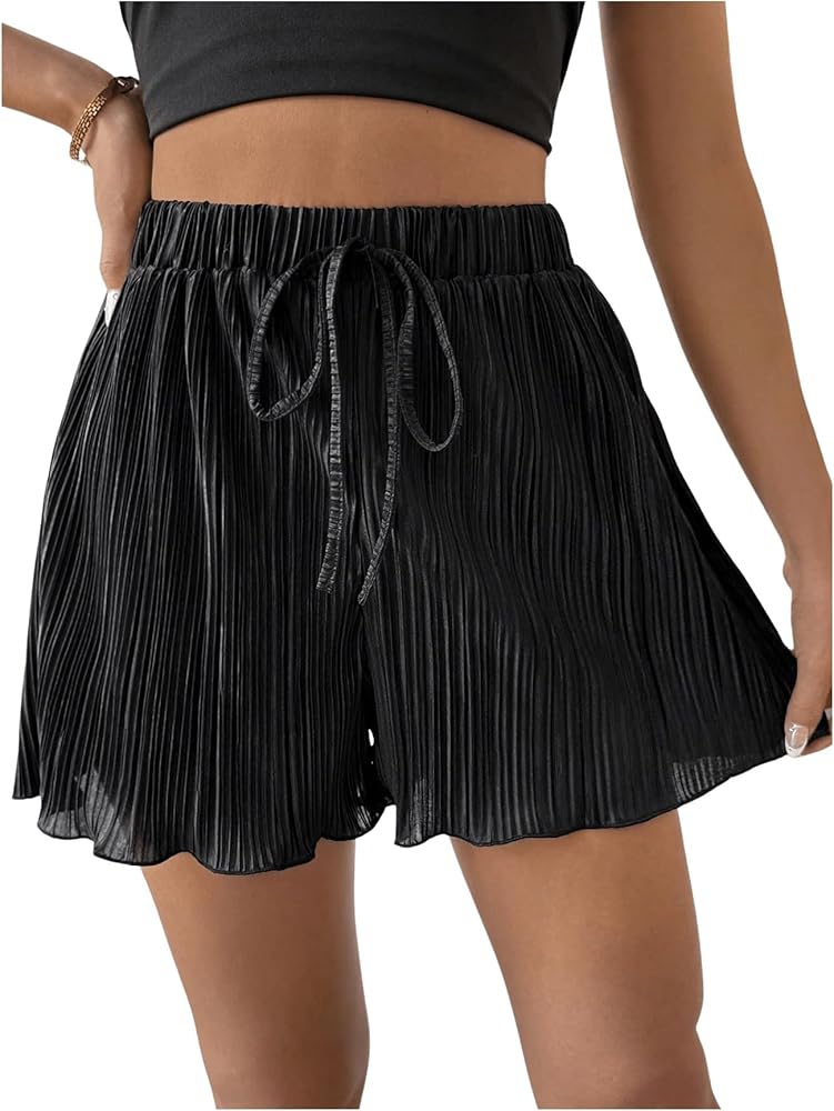 SweatyRocks Women's Sheer Ruffle Pleated Wide Leg Cover Up Short Elastic Waist Beachwear Shorts