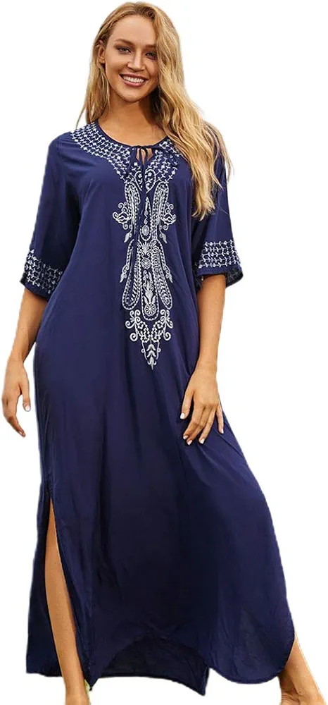 Women Bathing Suit Cover Up Embroidered Floral Turkish Kaftans Split Beach Dress