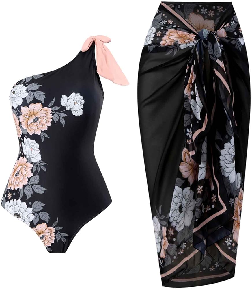 One Swimsuits for Women Floral Swimwear with Long Skirt Sarongs Tankini Bathing Suit Vacation Beachwear Bikini Set