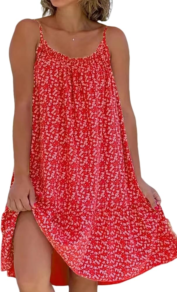 Womens Boho Beach Dress - Floral Spaghetti Strap Sleeveless V Neck A line Swing Casual Sundress Beachwear