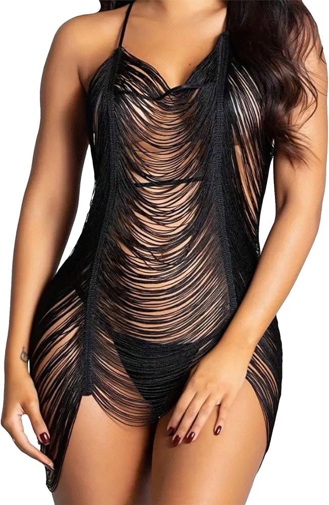 WDIRARA Women's Sheer Ripped Sleeveless Beach Cover Up Cami Swim Dress Swimwear