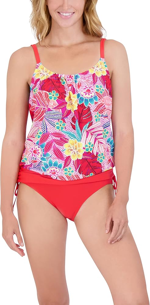 Caribbean Joe Women's Standard Blouson Tankini Tummy Control Quick Dry Sewn in Cups Adjustable Strap Swimsuit Set