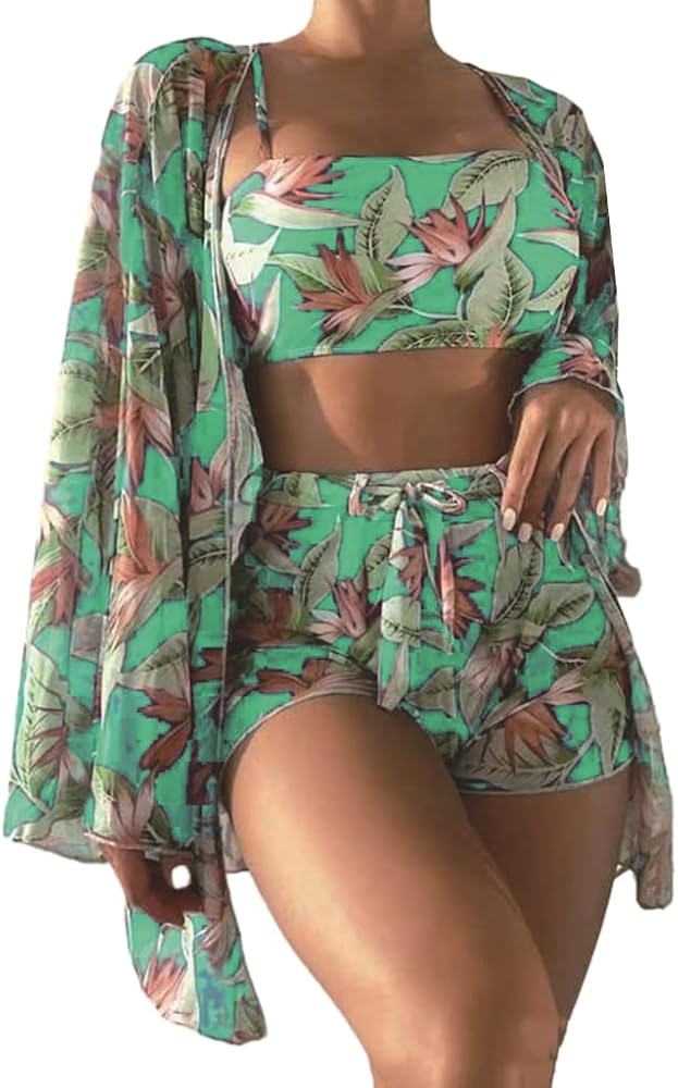 4PCS Women Tummy Control Swimsuit with Beach Long Kimono Cover Up, Swim Shorts