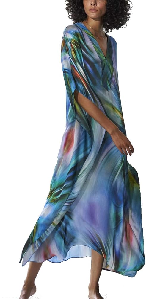 Women's Summer Bohemian Long Kaftan Ethnic Pattern Maxi Dress Beach Bikini Cover Ups Sunblock