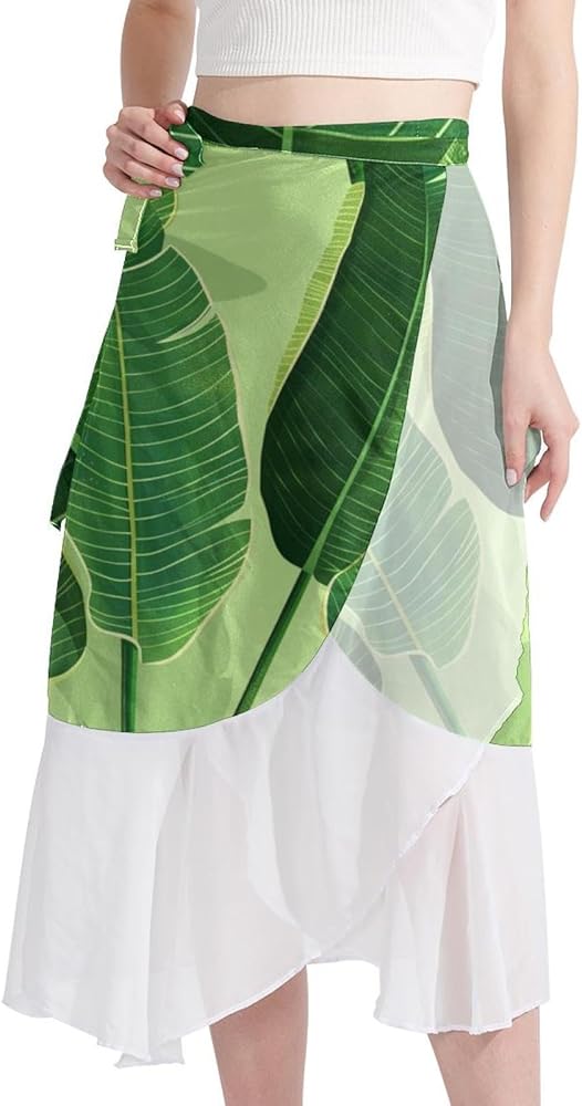 Beach Skirts for Women, Womens Beach Cover Up Sarong, Chiffon Cover Ups for Swimwear, Green Tropical Banana Leaves