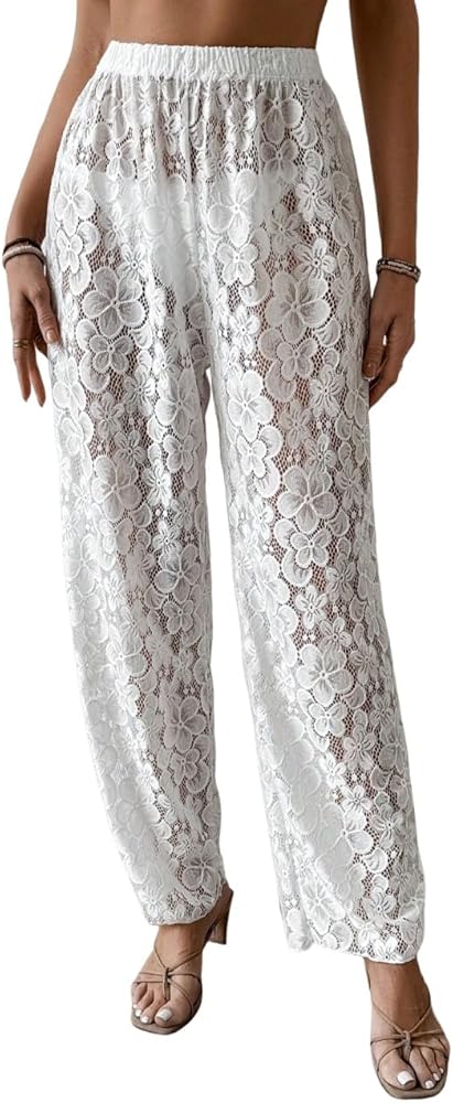 WDIRARA Women's Floral Embroideries Lace High Waist Mesh Sheer Long Pants Summer Beach Coverup