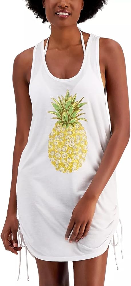 Miken Juniors' Pineapple-Graphic Side-Shirred Cover-Up Dress Small White