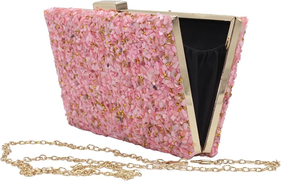 la monsita Bolso de Fiesta Estilo Clutch con Pedrería Rosa y Dorada, Cadena Dorada para Colgar, Bolso de ceremonia Brillante