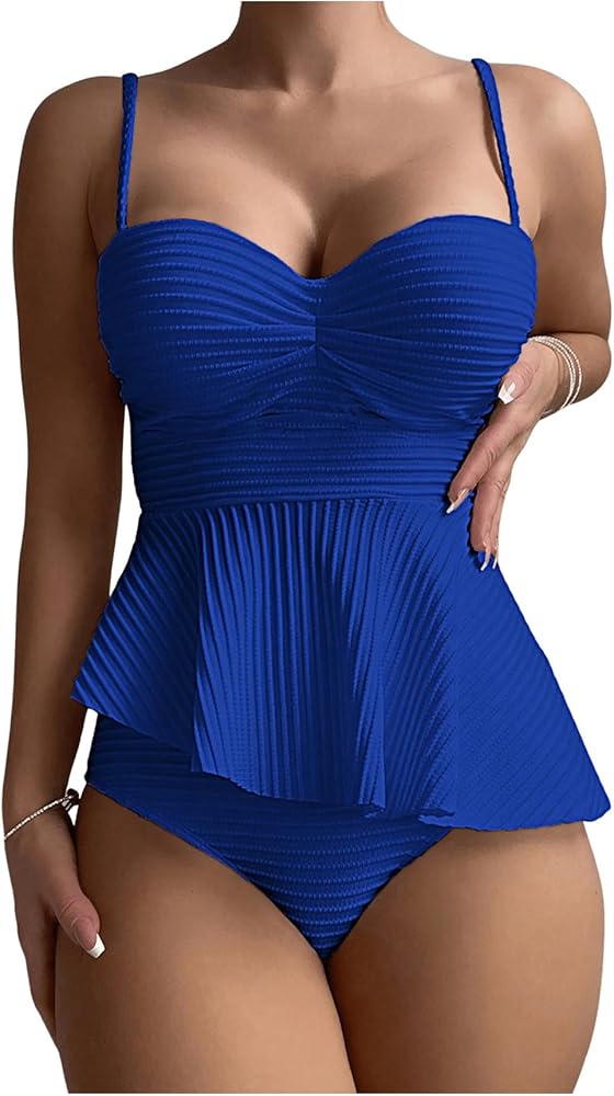 SOLY HUX Women's Tankini Set Ruffle Hem High Waisted Bikini Bathing Suits Two Piece Swimsuit