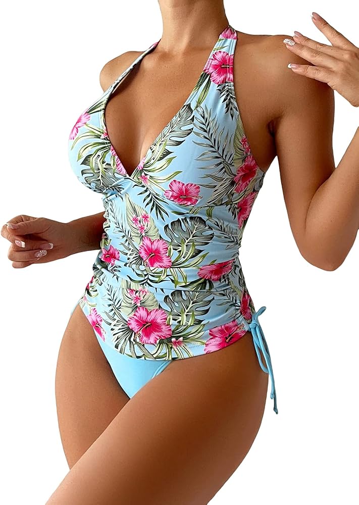 Floerns Women's Tropical Print Halter Neck Tie Side Two Piece Tankini Bathing Suit