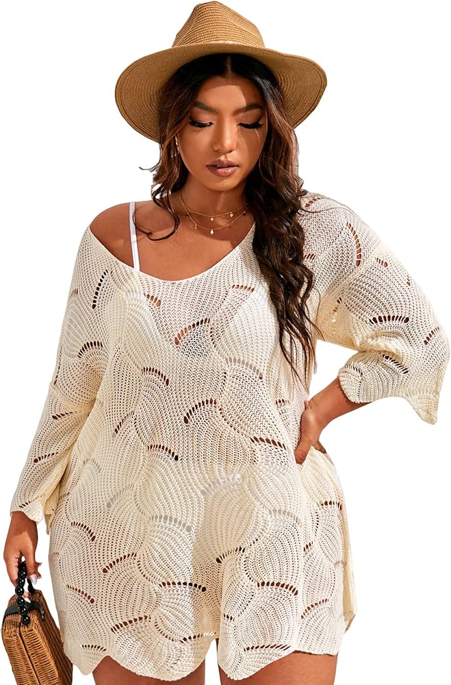 MakeMeChic Women's Plus Size Swimsuit Crochet Cover Up Bathing Suit Beach Dress