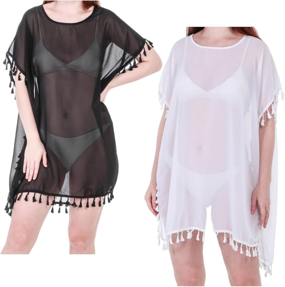 2 Pack Women Chiffon Tassel Swimsuit Cover up Beach Coverups Beachwear Bathing Suit Bikini Swimwear Cover Ups for Swim Shirt Dress