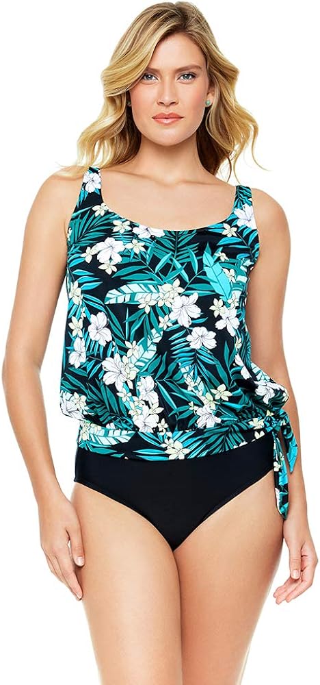 Penbrooke Women's Plus Size Swimwear Jungle Exotic Tie Side Blouson Soft Cup Adjustable Tankini Top