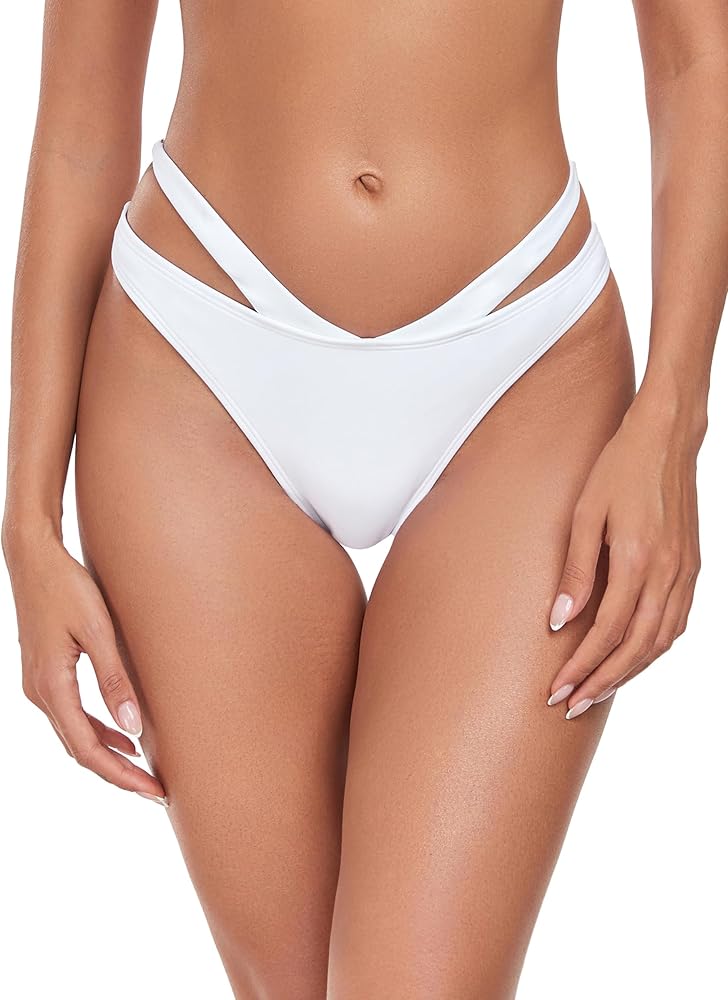 Women's Adjustable Swim Bottoms High Cut Low Waisted Bikini Bottoms Cheeky Bathing Suit Bottoms