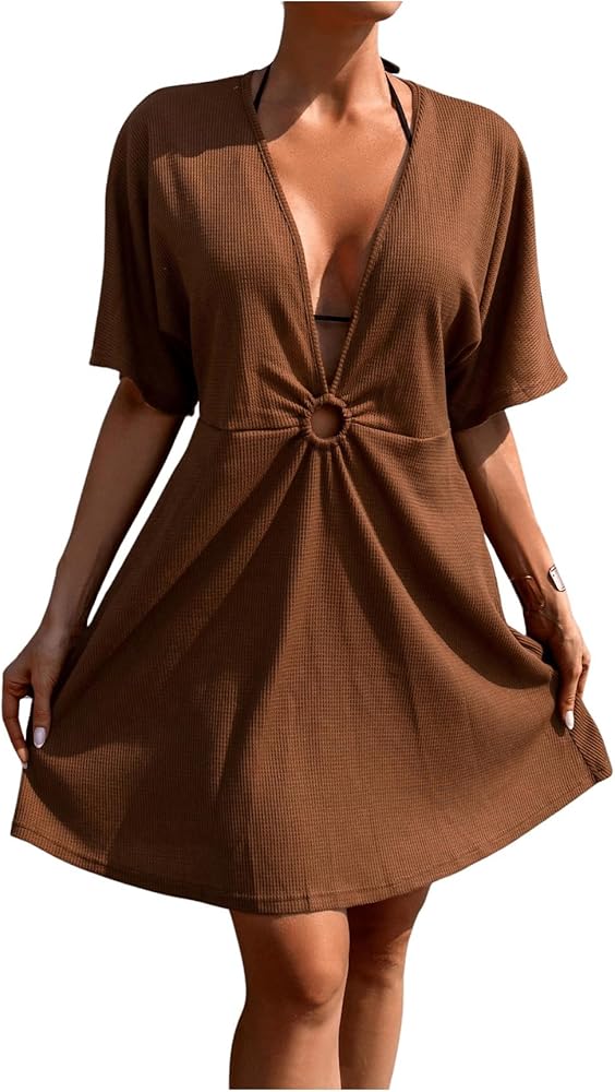 SweatyRocks Women's Cut Out Deep V Neck Cover Ups Dress Summer Short Sleeve Beach Mini Swimsuit Coverup