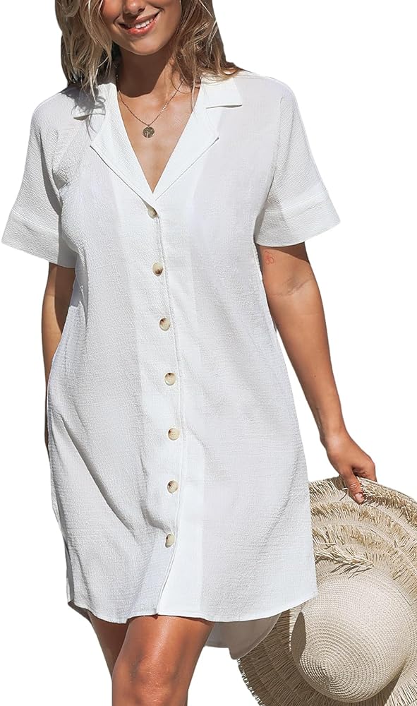 CUPSHE Women's Button Down Swimsuit Cover Ups Blouse Short Sleeve Collared Swim Coverup Shirt Dress