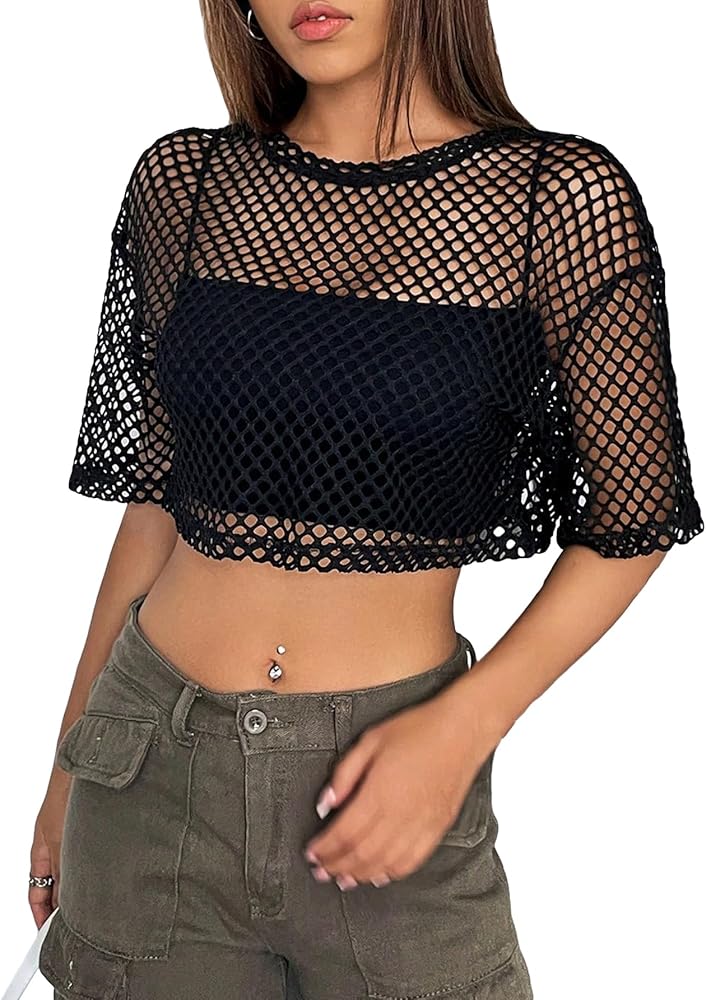 SHENHE Women's Crop Tops Short Sleeve Loose Fishneck Mesh Summer Tops Swimsuit Coverup