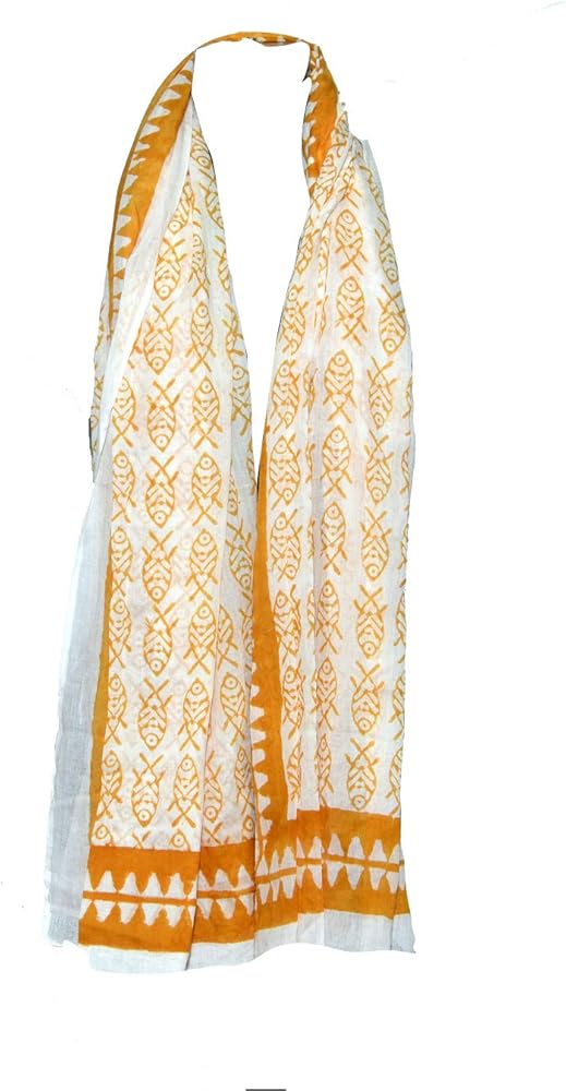 Yellow Fish Print Hand Block Summer Beach Dress Sarong Poll Party Wear Scarf Ethnic Body Wrap Stole