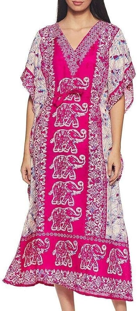 Elephant Print Long Kaftan Dress Maxi Hippy Boho Women Caftan Tunic Kimono Gown Pink