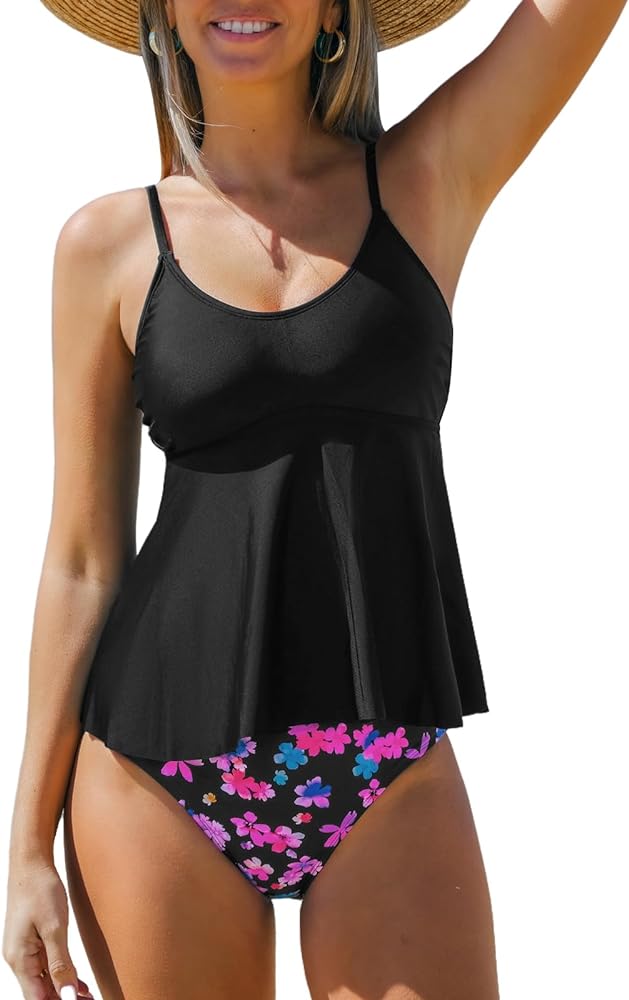 CUPSHE Women's Tankini Sets Two Piece Swimsuit Scoop Neck Mid Rise Adjustable Straps Ruffled Hem