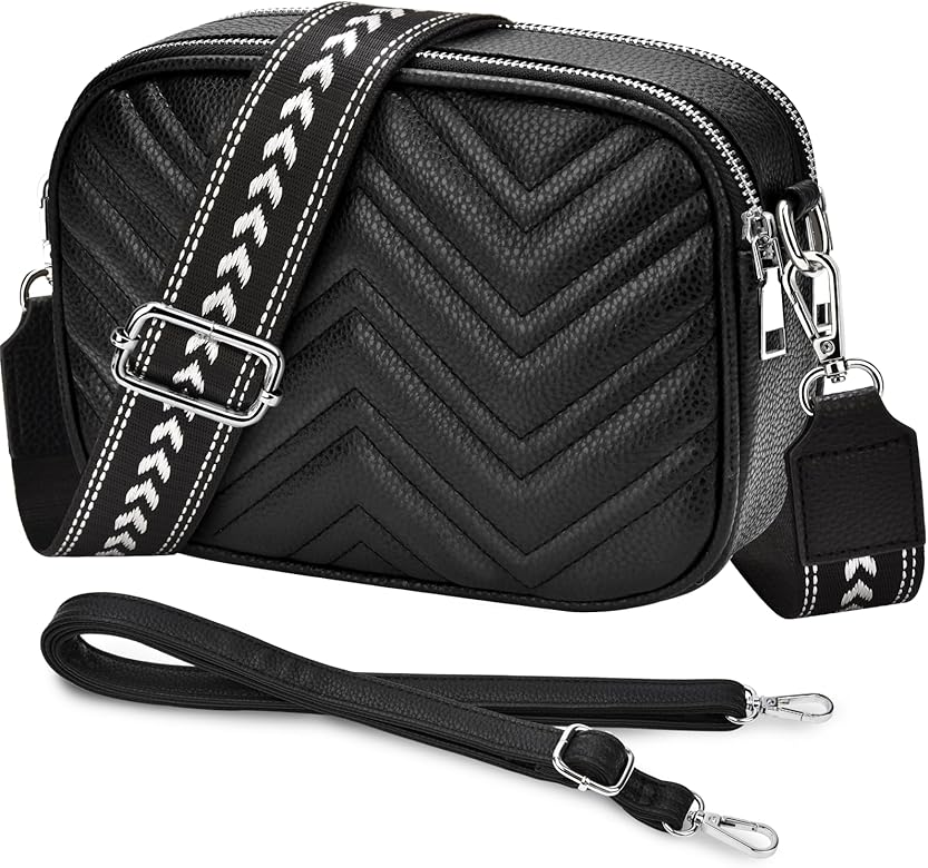 ONEKERUN Bolso Bandolera Mujer, Pequeño Bolso Mujer Bandolera, Bolsos Bandolera Para Mujer de Cuero PU Con 2 Correas Ajustables y Extraíbles Bolso Negro Bandolera Mujer para Citas, Viajes, Trabajo