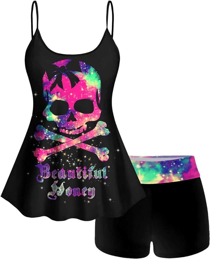 ROSE GAL Rosegal Plus Size Women Gothic Tummy Control Tankini Swimsuit Skull Glitter Print Boyleg Padded Tankini Swimwear