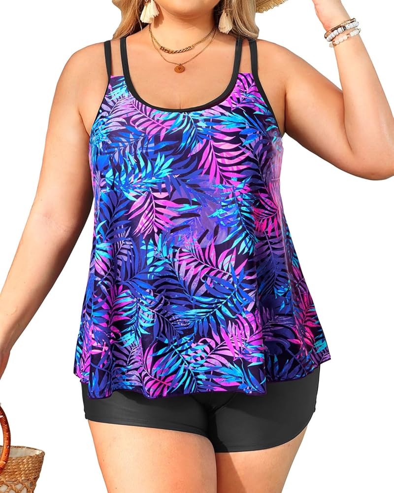 Plus Size Tankini Swimsuits Bathing Suit - Women Two Piece with Shorts Scoop Neck Top Swimwear