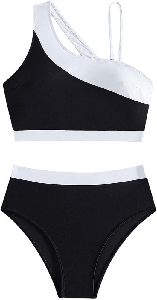 Floerns Women's Tankini Sets Color Block 2 Piece Crop Tank Tops with High Waist Thong