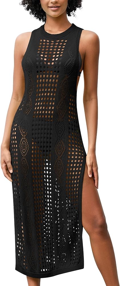 BBX Lephsnt Women Swimsuit Crochet Cover Ups Hollow Out Coverup Sleeveless Swimwear Bathing Suit Crochet Dress Knitted Beach