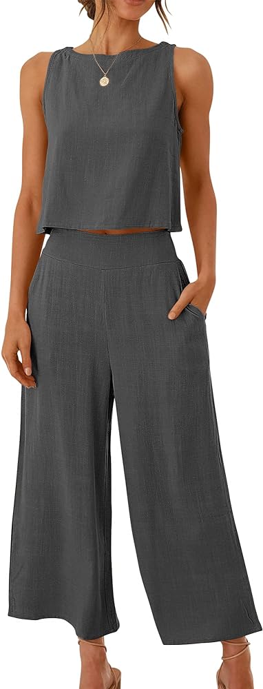 ANRABESS Women's Summer 2 Piece Outfits Sleeveless Crop Top Capri Wide Leg Pants Jumpsuit Linen Lounge Beach Travel Sets