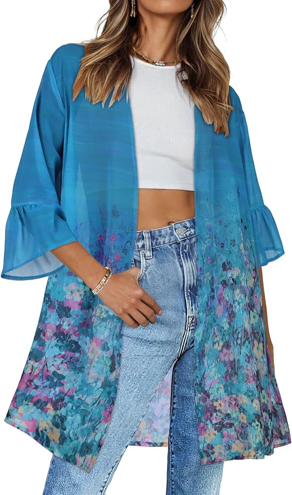 Women's Kimono Cardigans Floral Chiffon Loose Open Front Casual Summer Tops