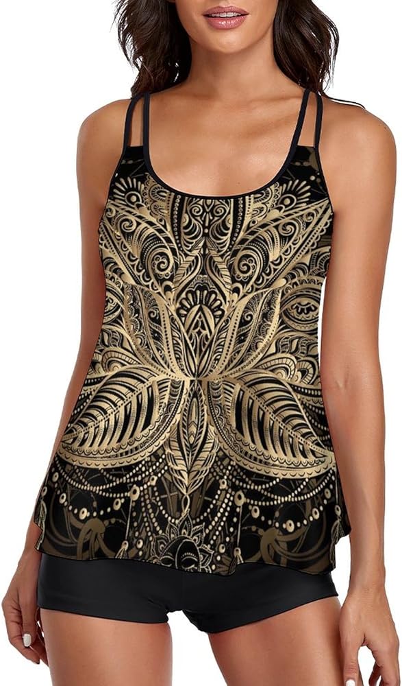 Ornamental Lotus Tattoo Tankini Bathing Suits for Women Tank Top Swimsuit Two Piece Swimwear