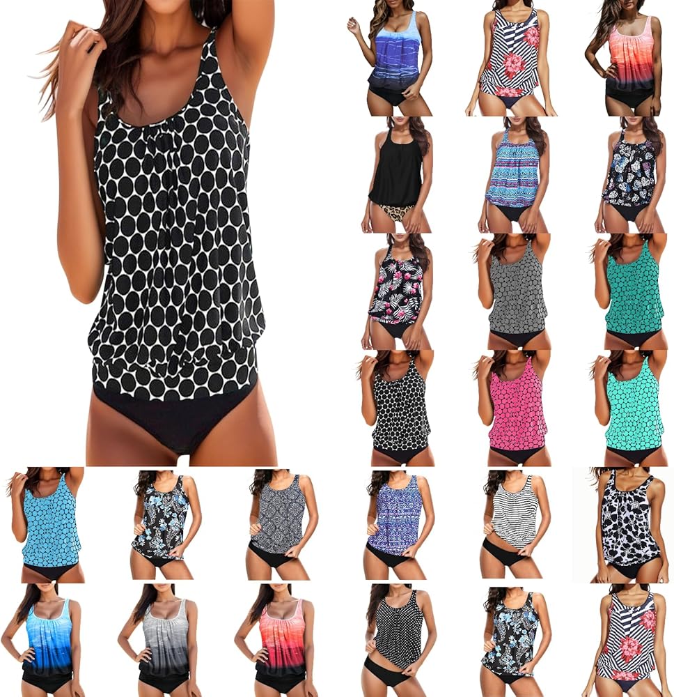 Womens Tankini Bathing Suits Blouson Striped Printed Push Up Piece Tummy Control Strappy T-Back Tankini Top with Shorts