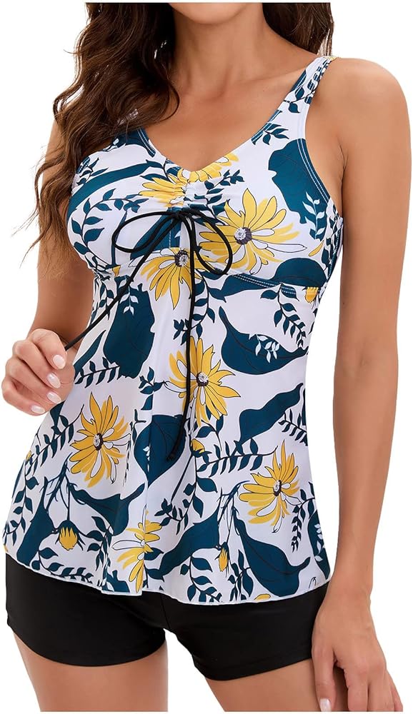 Modest Swimsuits for Women Tankini Two Piece Bathing Suits Floral Tank Top Boyshorts Tummy Control Brazilian Bikini