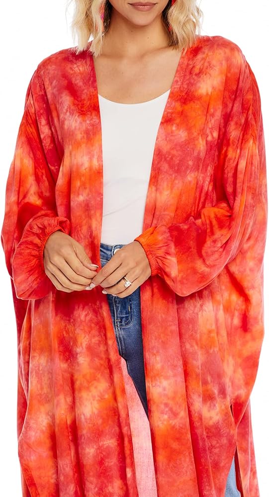 Mud Pie Tuscany Women's Tie-Dye Lightweight Kimono, Coral, One-Size