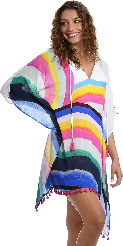 Sunshine 79 Women's Short Sleeve Tunic Cover Up Dress, Multi//Retro Rainbow, L/X