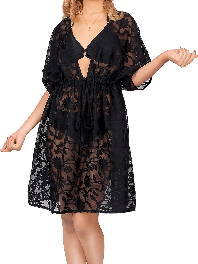 LA LEELA Women's Beachwear Summer Swim Beach Dress Cover Ups for Swimwear Women Plus Size Flowy Swimsuit Coverups for Women Cover-up Tops XL-XXL Ebony, Crochet Floral