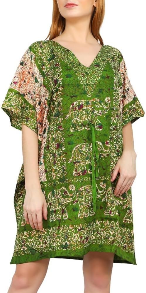 Short Kaftan Beach Cover ups Dresses for Women Ladies Dashiki African Caftan Loungewear Free Size (Eskaf-green)