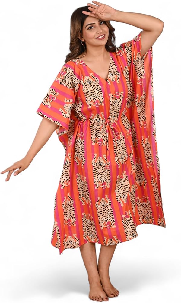 Indian Printed Handmade Kaftan Dress Long Top Caftan, Dress Beach Cover up, Tiger Hand Block Print Sleepwear Maxi Dress Kimono Robe Multicolor