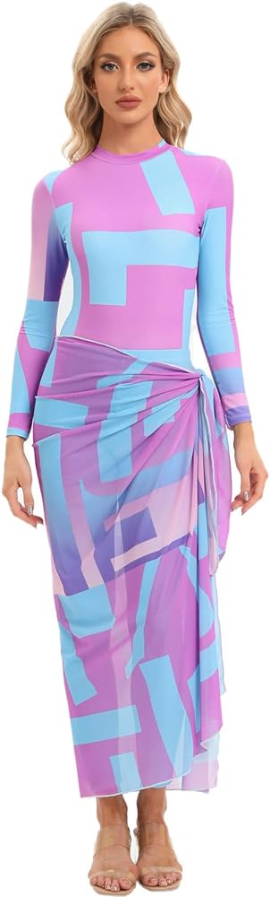 Women's Burkini Swimsuit Muslim Modest Swimwear Islamic Long Sleeve Bathing Suit and Wrap Skirt Sarong Set