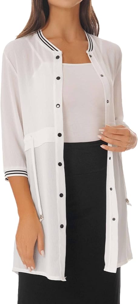 iiniim Womens Chiffon Cardigan Summer 3/4 Sleeve Drawstring Semi See-through Cover Up Jacket