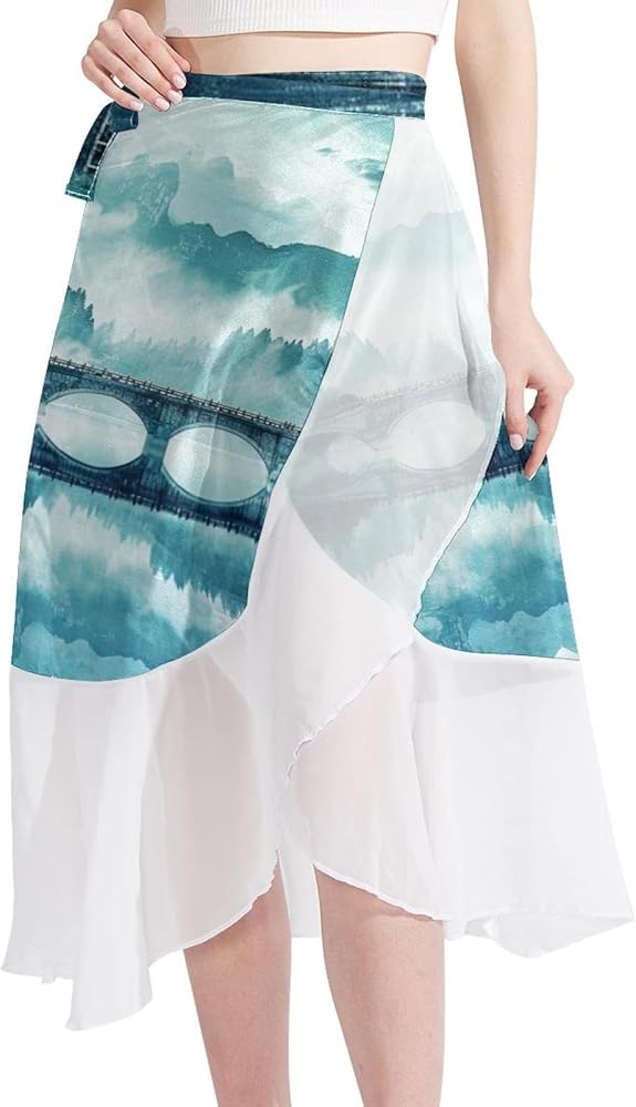 Beach Skirts for Women, Beach Sarong Pareo, Chiffon Cover Ups for Swimwear, Classical Painting Landscape Mountain River Sky Multicolor