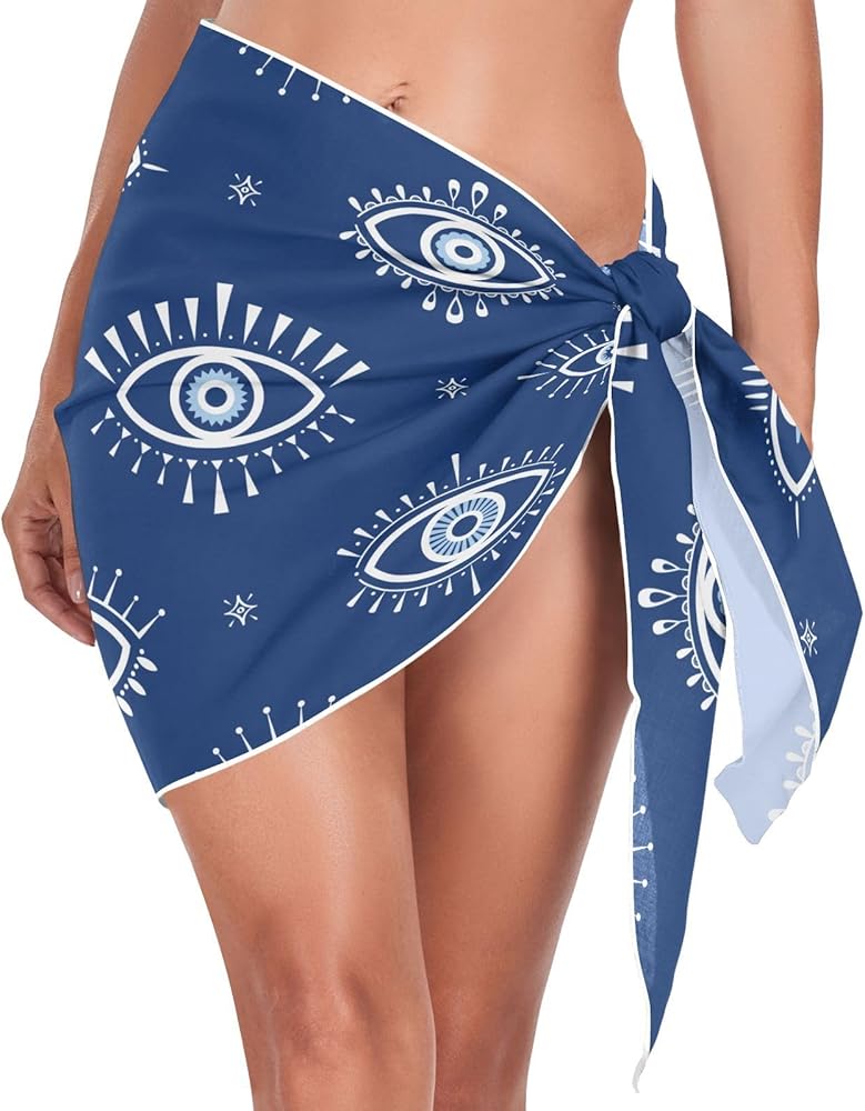 Blue Evil Eye Women Beach Sarong Swimsuit Cover ups Bikini Wrap Sheer Short Skirt Beach Wrap Skirts S