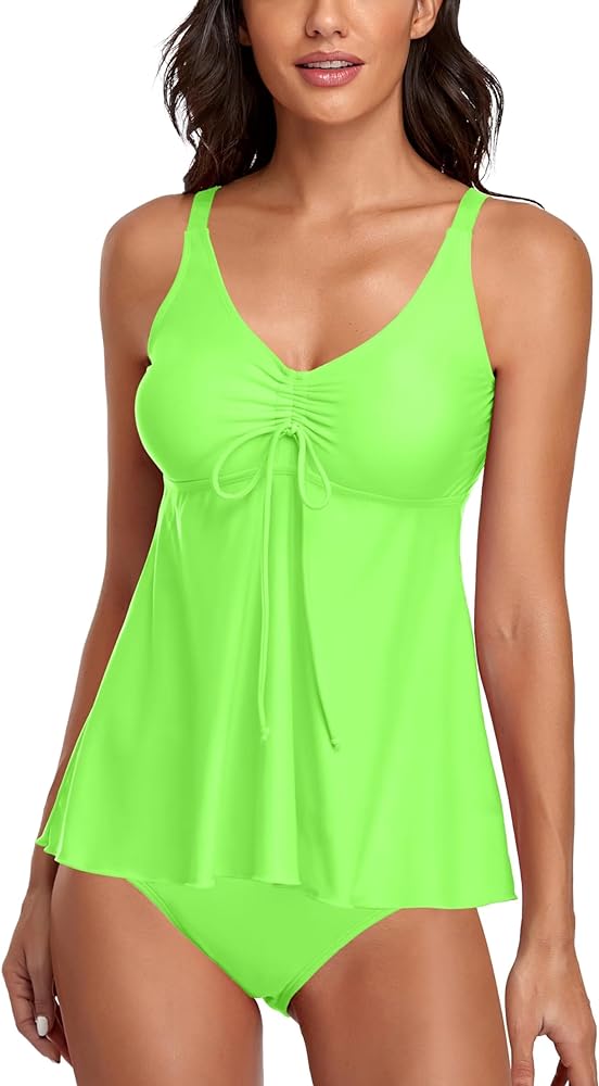 Tankini Swimsuits for Women 2 Piece Modest Blouson Tank Top Bathing Suits with Bikini Bottom