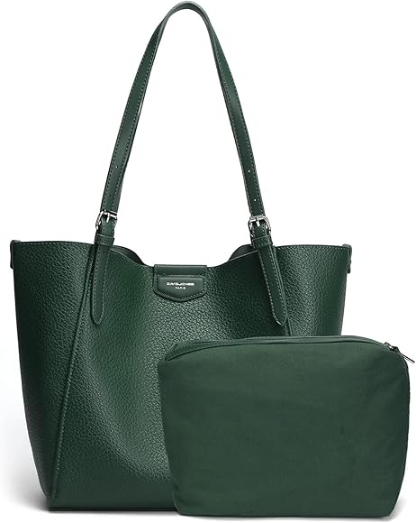 David Jones - Bolso de Hombro Mujer - Bolso de Mano Piel Sintética Suave - Tote Shopper Gran Capacidad A4 Cuero PU - Bolsos Compras Trabajo Asas Largas - 2 Piezas con Embrague - Verde