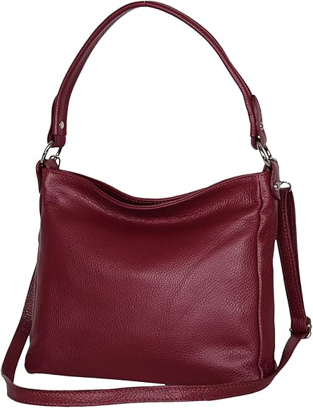 AmbraModa GL35 - Bolso de mano, bolso de hombro, bolso de hombro para mujer de cuero genuino de vaca grano, burdeos